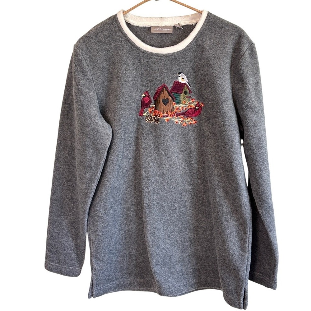 NEW Croft & Barrow Birds Cardinal Birdhouse Fleece Pullover Grey Consign